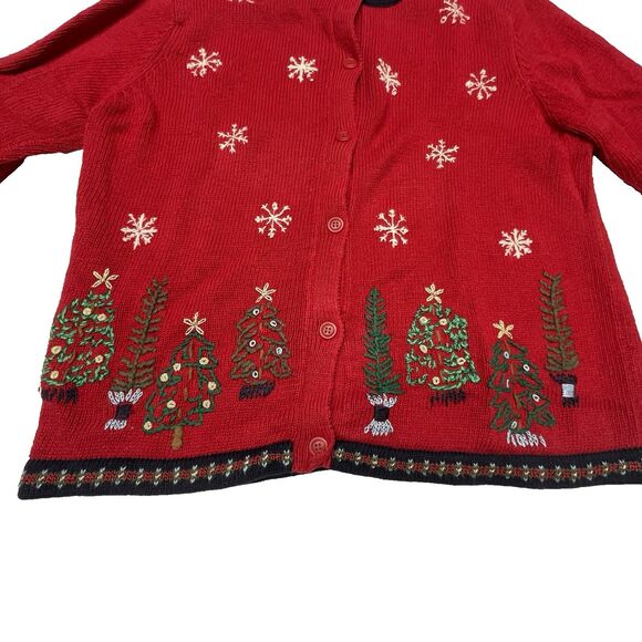 Northern Reflections Cardigan Sweater Red Christmas Trees Snowflake Women's Sz M - Picture 2 of 10
